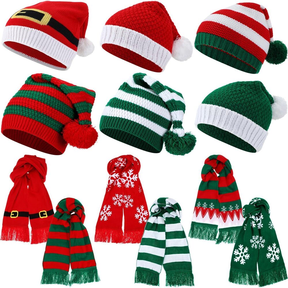 1612 12 Pcs Christmas Knitted Beanies and Scarf Set Xmas Santa Hat with Pom